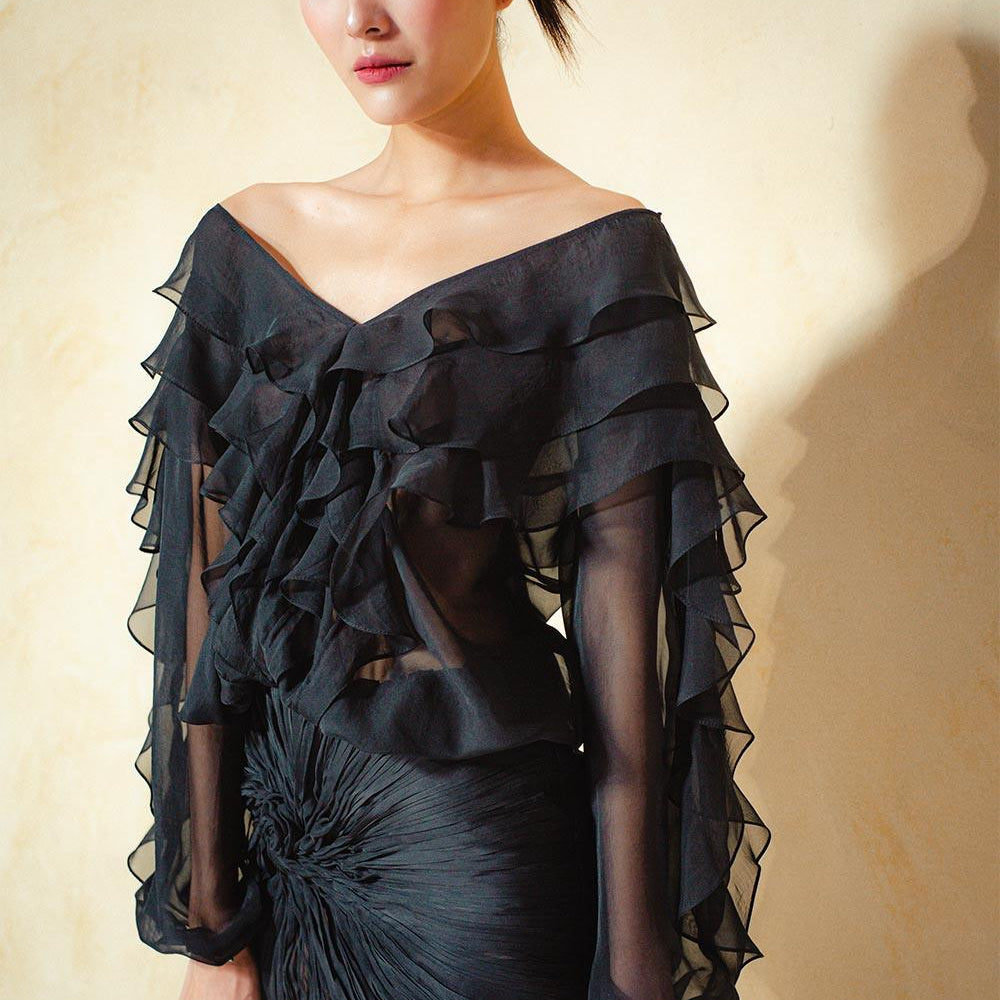 Ashton Blouson Ruffle Layer Organza Voile Mini Dress