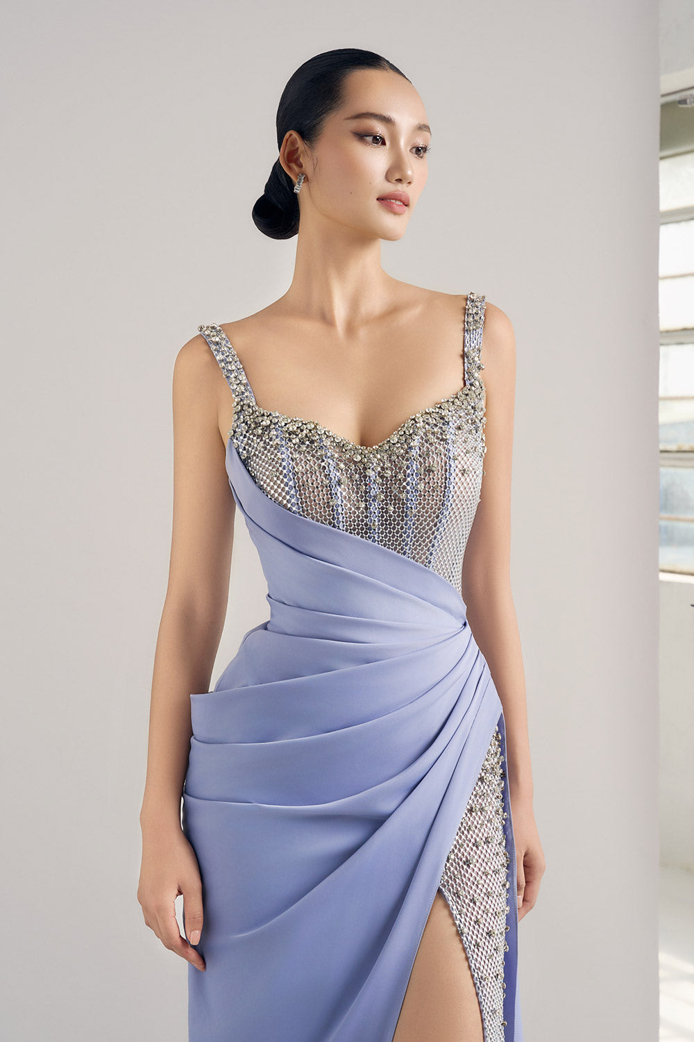 Moses Slit Waist Pleated Mesh Silk Floor Length Dress