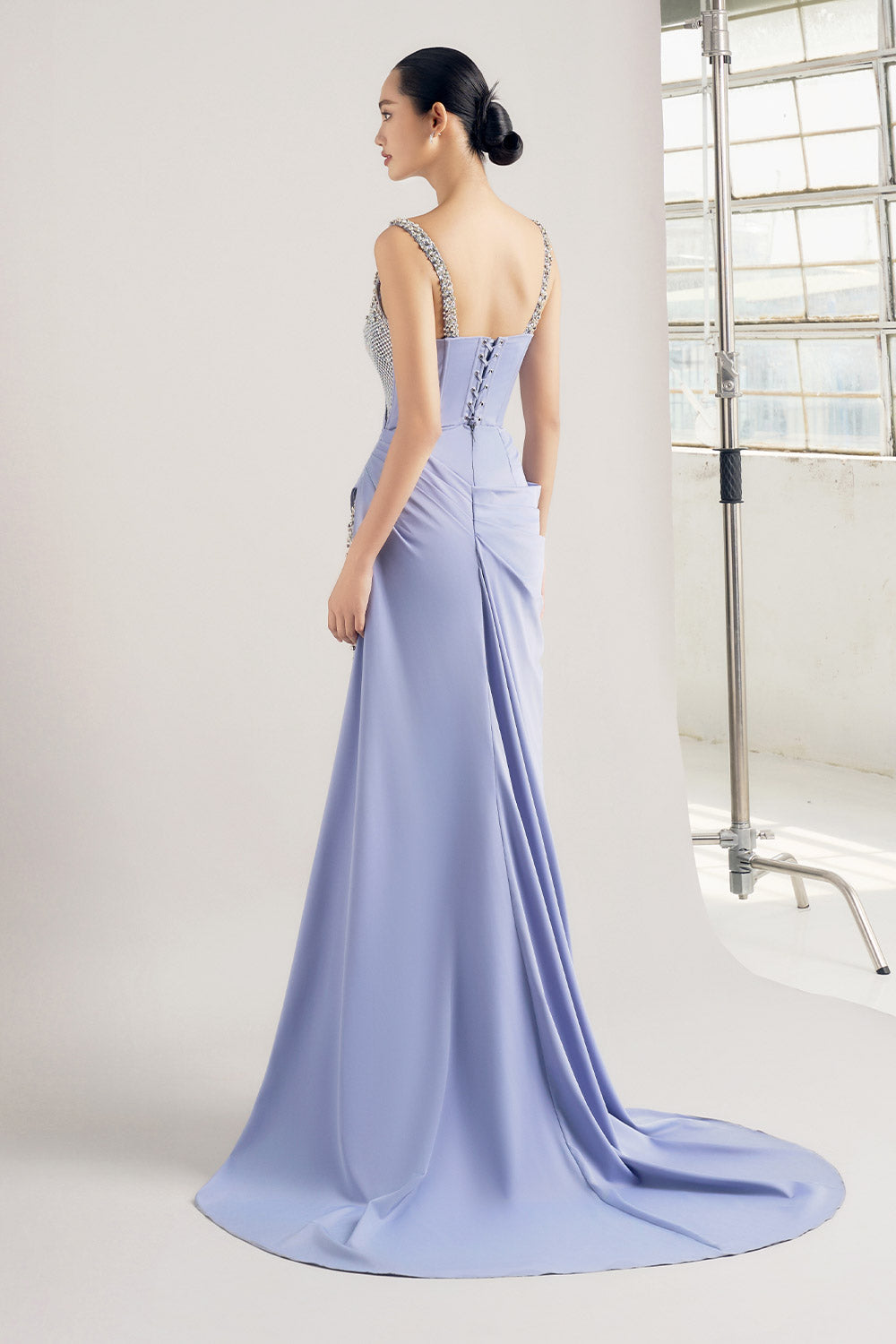 Moses Slit Waist Pleated Mesh Silk Floor Length Dress