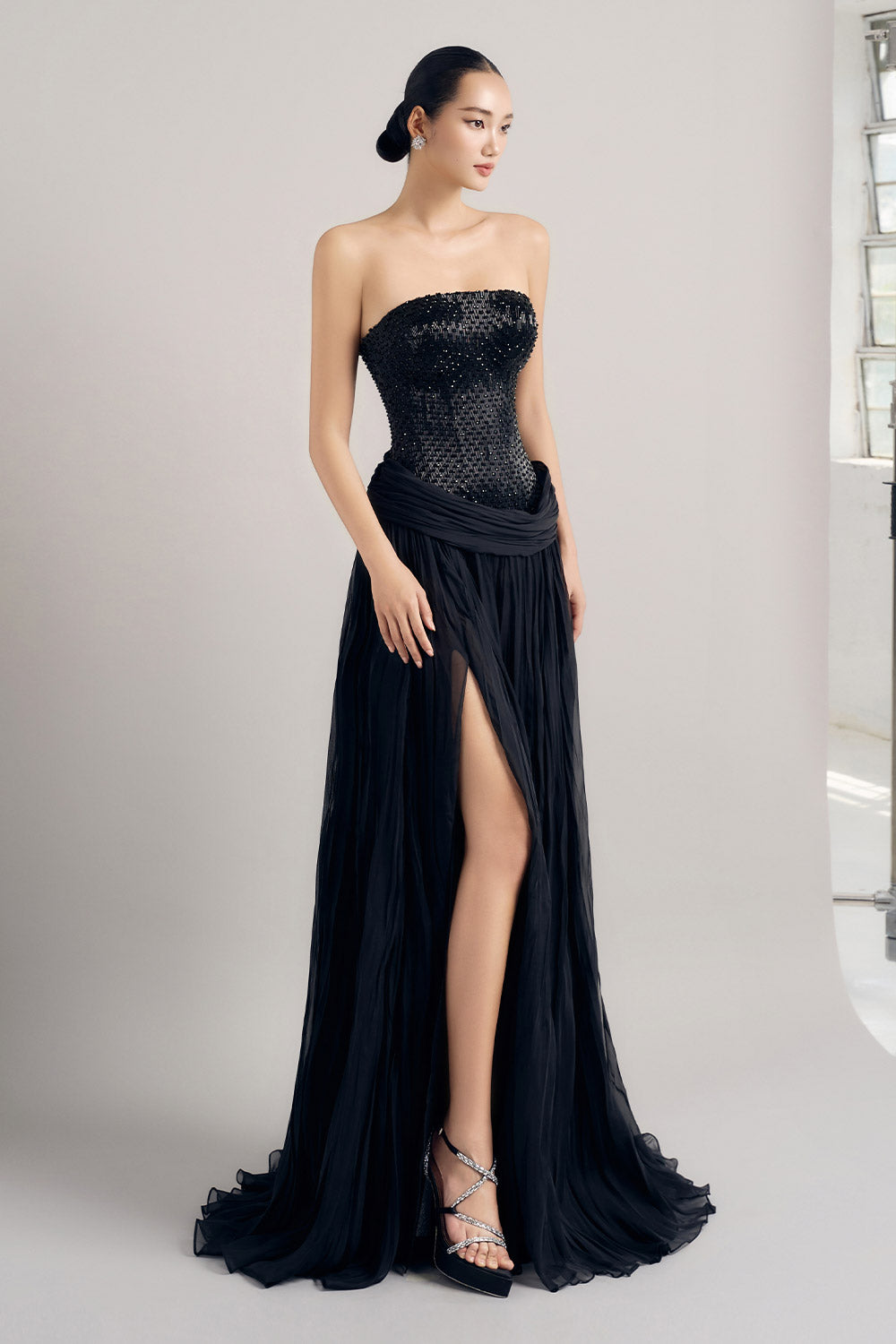 Syeda Strapless Front Slit Silk Chiffon Floor Length Set