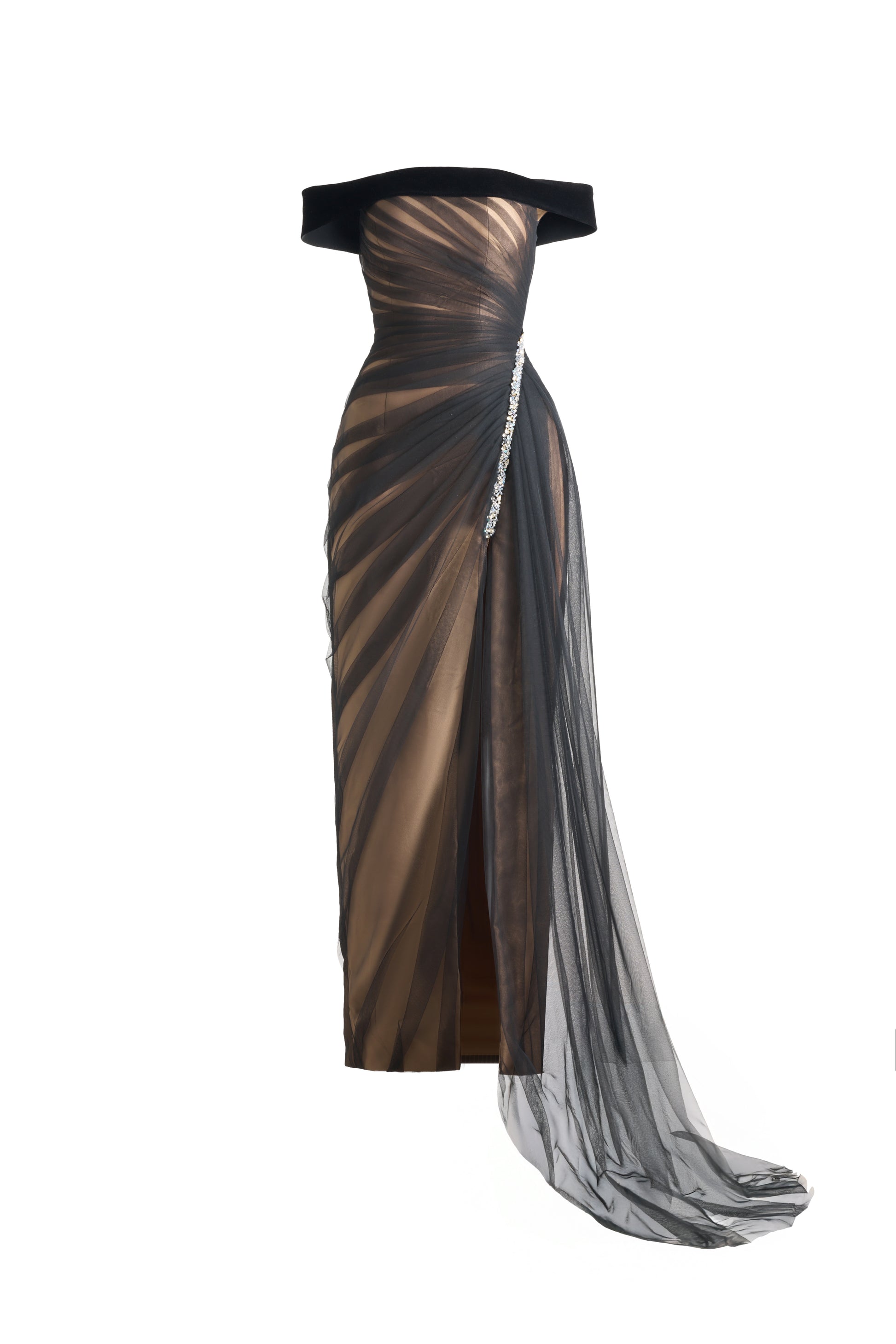 Hazel Slit Off-Shoulder Organza Maxi Dress Black / XXL