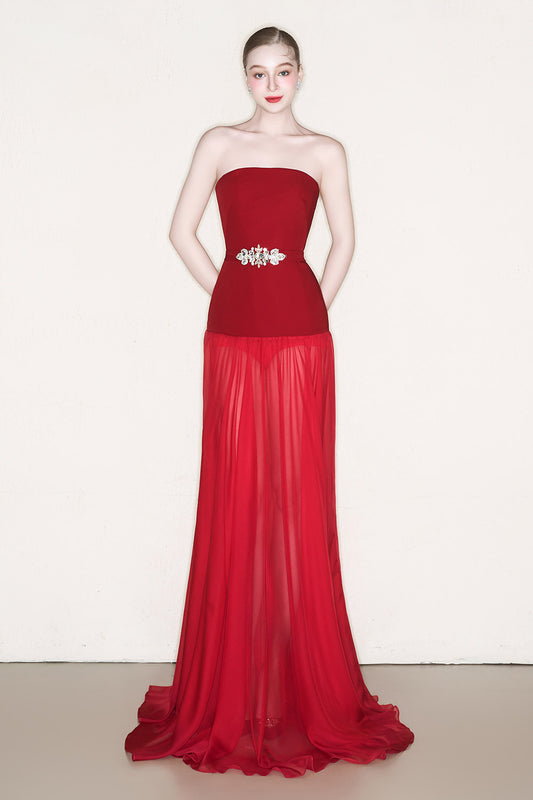 Kace Strapless See-Through Chiffon Floor Length Dress