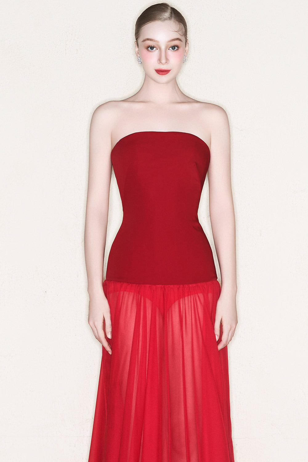 Kace Strapless See-Through Chiffon Floor Length Dress