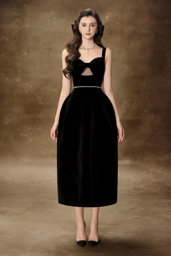 Ali A-line Semi-Heart Neck Velvet Midi Dress