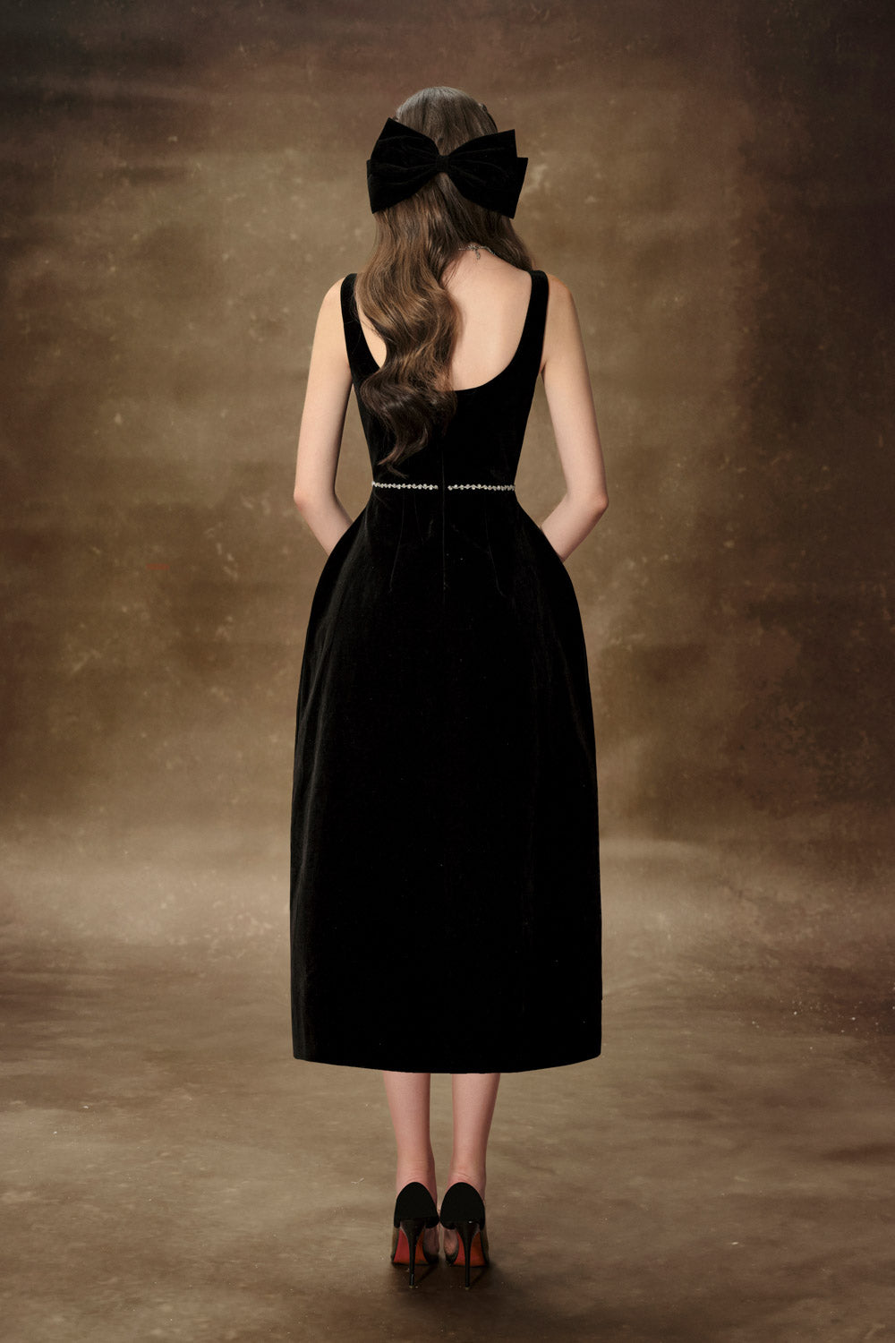 Women's Ali A-line Semi-Heart Neck Velvet Midi Dress S/M/L/Customize Black MEAN BLVD Black / L Women's Ali A-line Semi-Heart Neck Velvet Midi Dress S/M/L/Customize Black MEAN BLVD Black / L