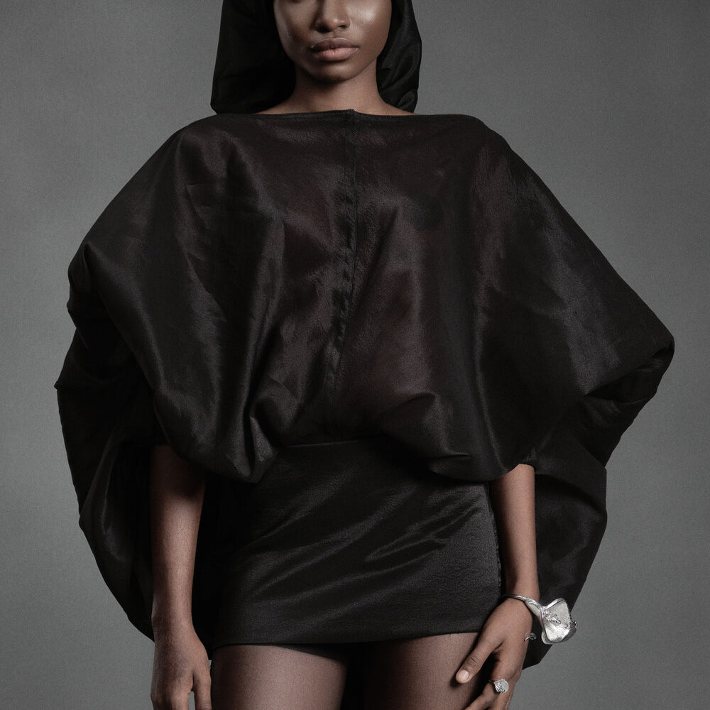 Carp Blouson Boat Neck Chiffon Mini Dress