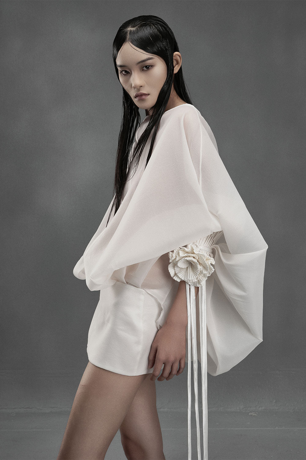 Carp Blouson Boat Neck Chiffon Mini Dress