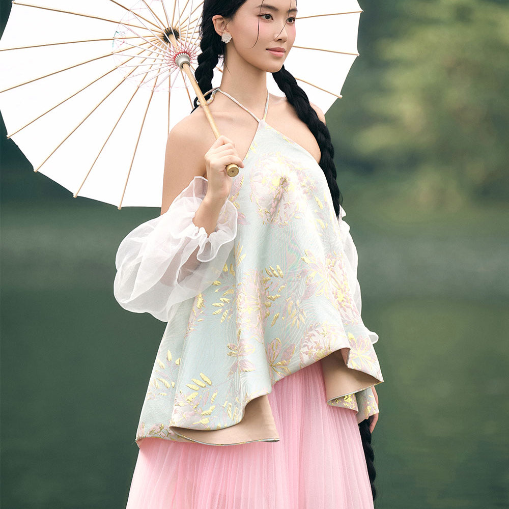 Hoa Dung Asymmetric Halter Neck Brocade Top
