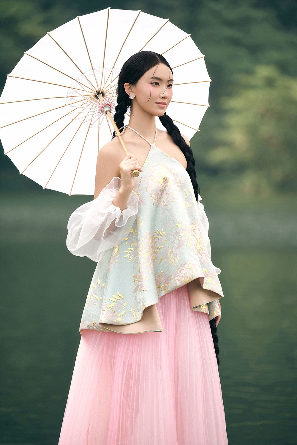 Hoa Dung Asymmetric Halter Neck Brocade Top