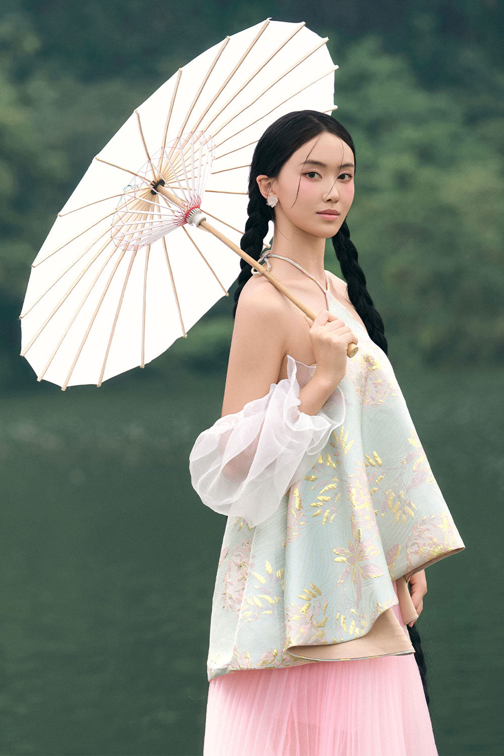 Hoa Dung Asymmetric Halter Neck Brocade Top