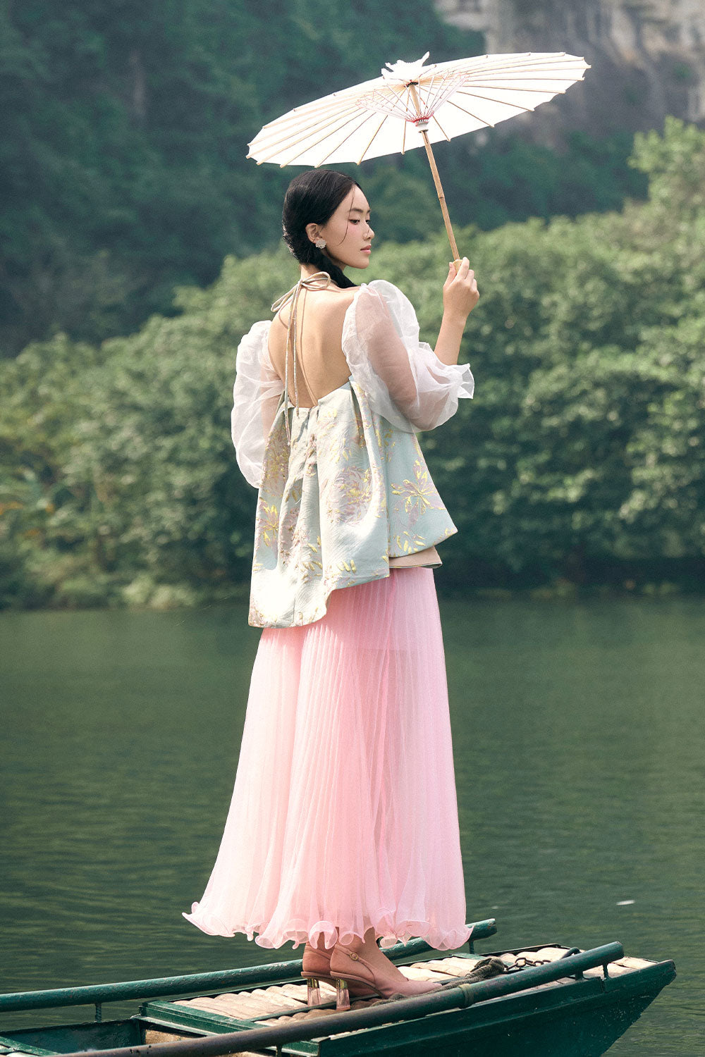 Hoa Dung Asymmetric Halter Neck Brocade Top