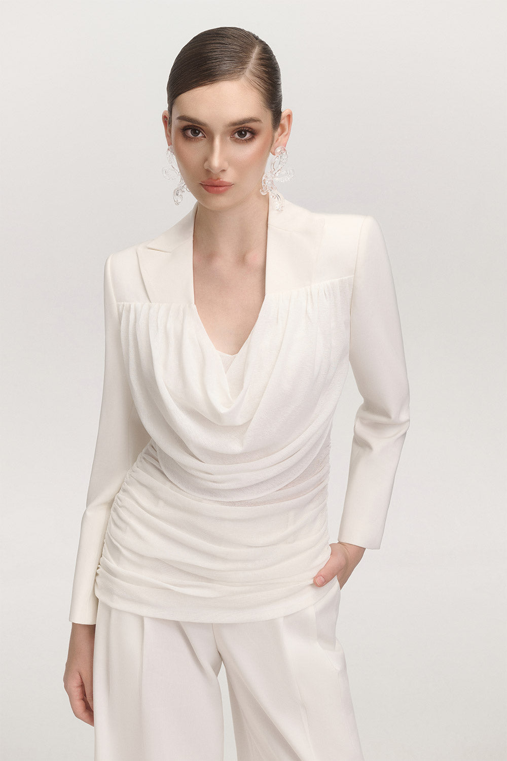 Jemmia Gathered Cowl Neck Cotton Blend Top