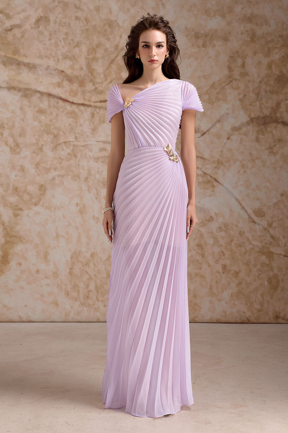 Women's Virelle Pleated Asymmetric Neck Organza Floor Length Dress S/M