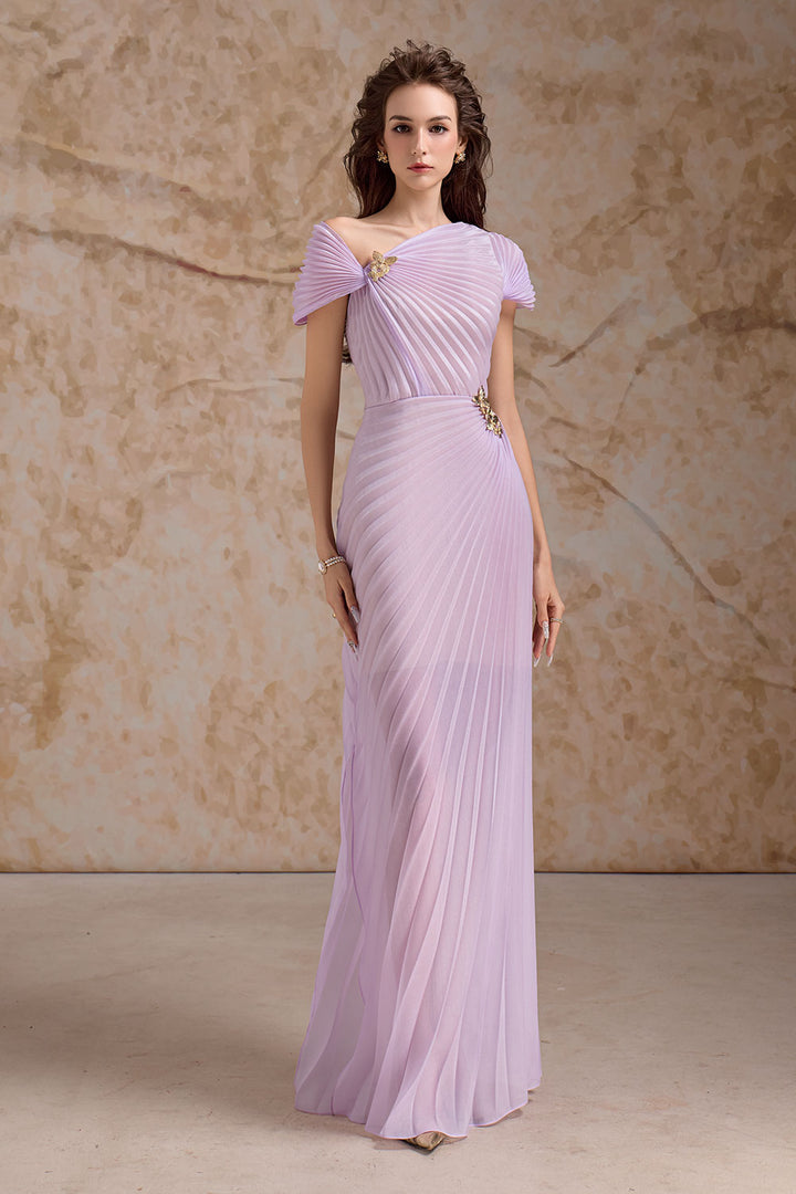 Women's Virelle Pleated Asymmetric Neck Organza Floor Length Dress S/M