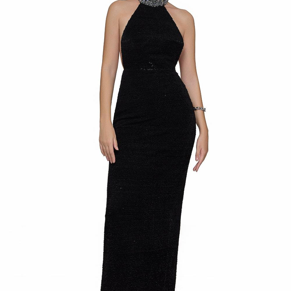 Venus Sheath Halter Neck Velvet Floor Length Dress