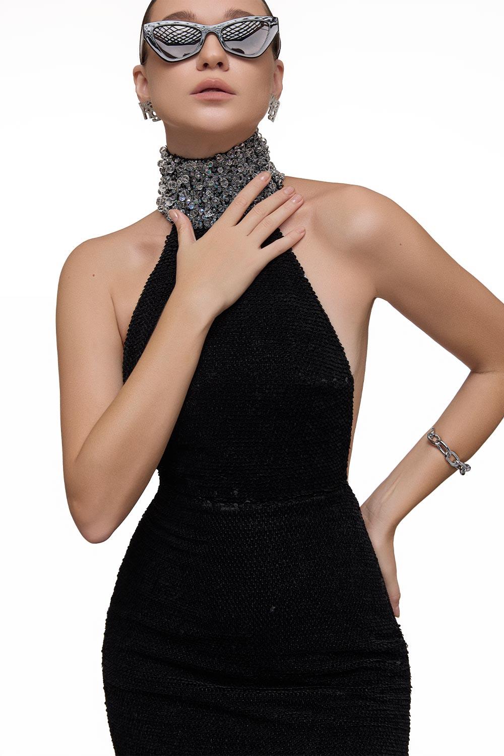 Venus Sheath Halter Neck Velvet Floor Length Dress