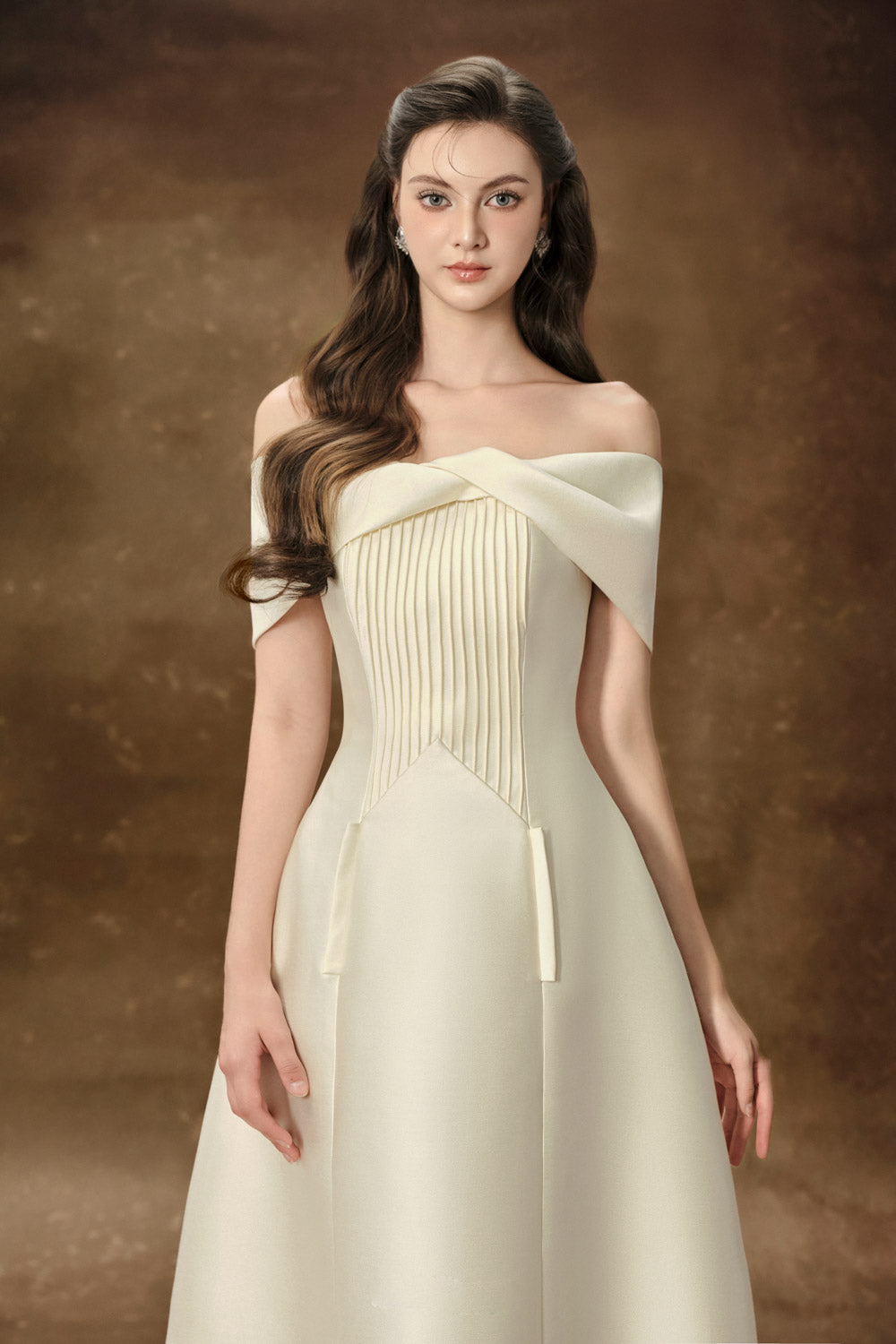 Women's Hebera A-line Off-Shoulder Trerena Taffeta Midi Dress  S/M/L/Customize Cream/Burgundy MEAN BLVD