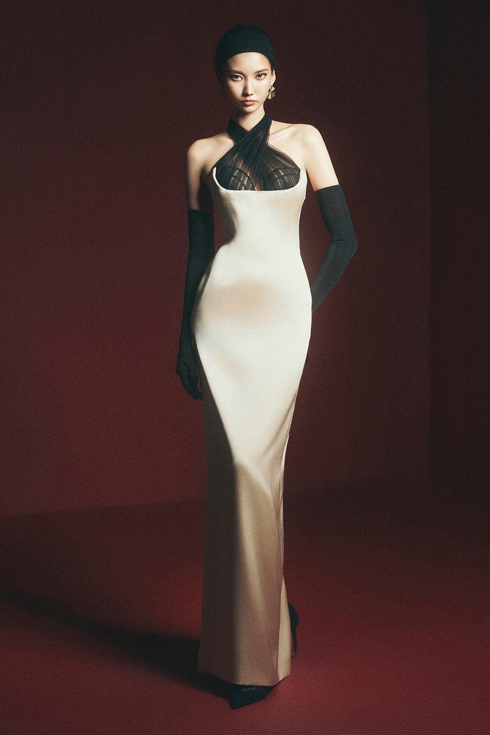 Women's Bautista Sheath Criss Cross Neck Satin Floor Length Dress S/M/L/XL/Customize Beige MEAN BLVD Beige / S Women's Bautista Sheath Criss Cross Neck Satin Floor Length Dress S/M/L/XL/Customize Beige MEAN BLVD Beige / S