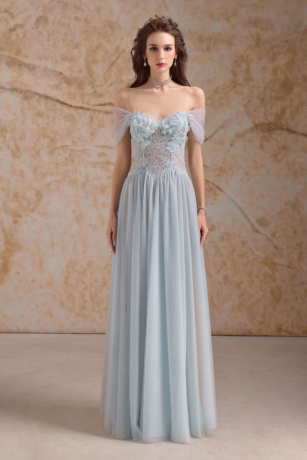 Meliora A-line Illusion Neck Mesh Lace Floor Length Dress