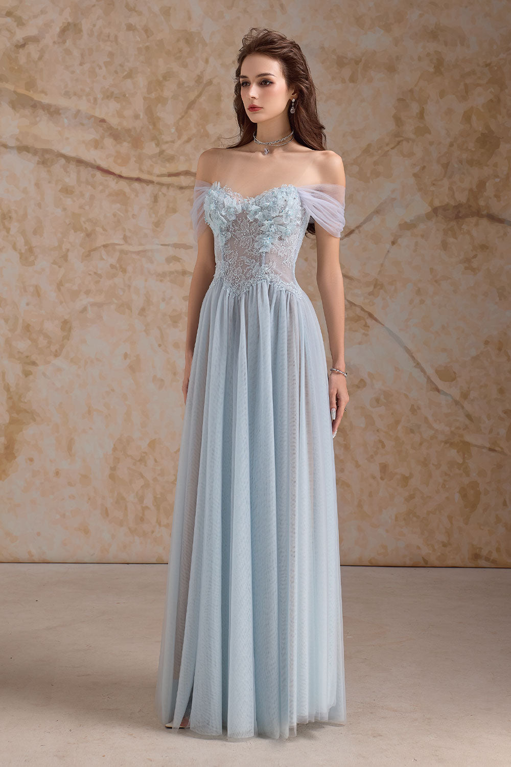 Meliora A-line Illusion Neck Mesh Lace Floor Length Dress