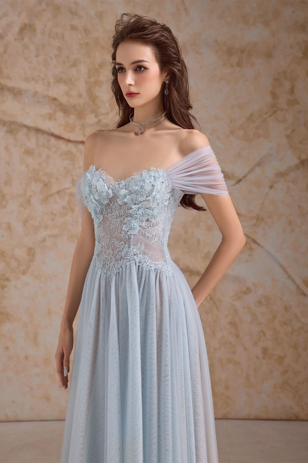 Women's Meliora A-line Illusion Neck Mesh Lace Floor Length Dress S/M/L/Customize Pale Blue/Magenta/Pastel Purple MEAN BLVD Pale Blue / M Women's Meliora A-line Illusion Neck Mesh Lace Floor Length Dress S/M/L/Customize Pale Blue/Magenta/Pastel Purple MEAN BLVD Pale Blue / M