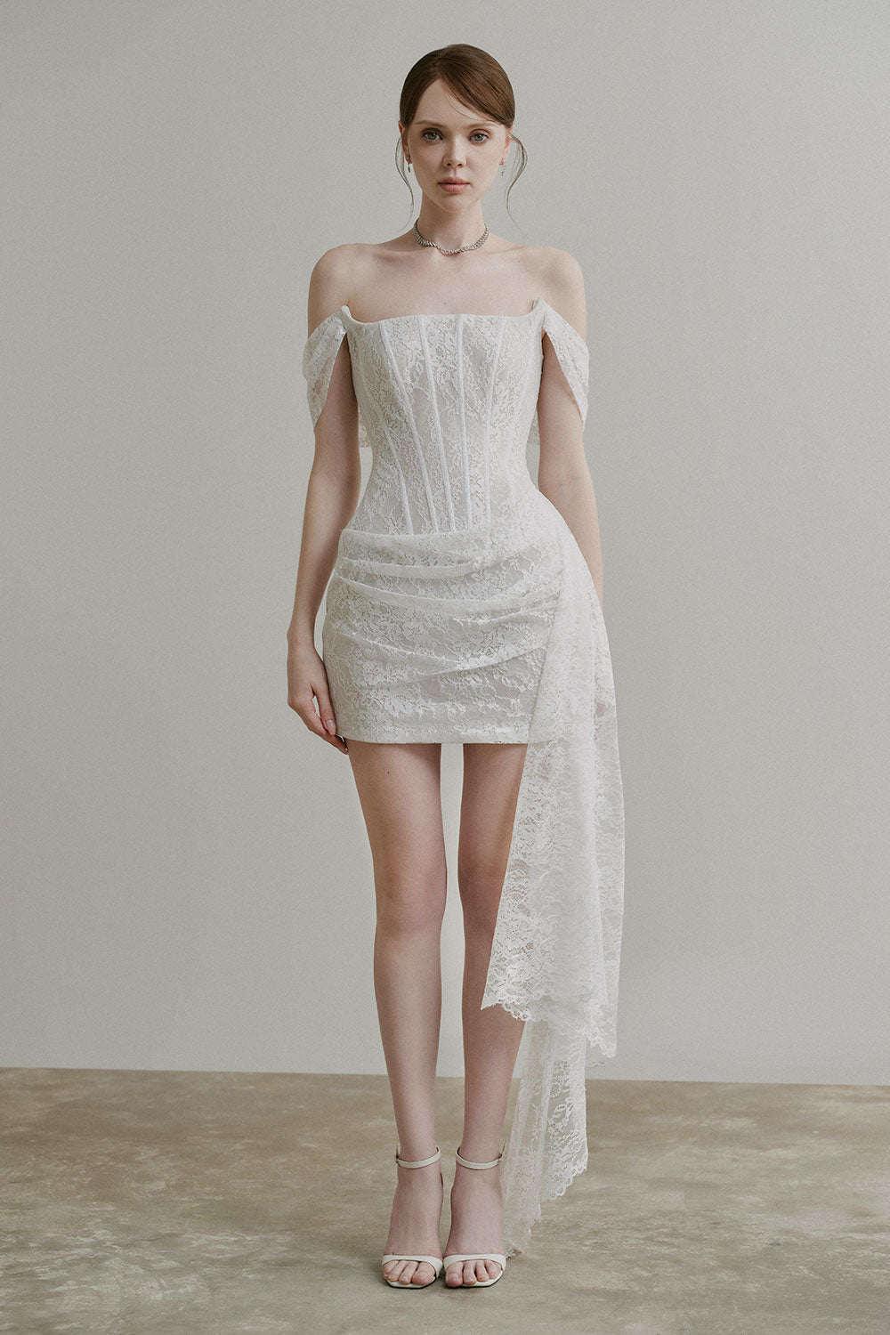 Mila A-line Off-Shoulder Chantilly Lace Mini Dress Off White / M