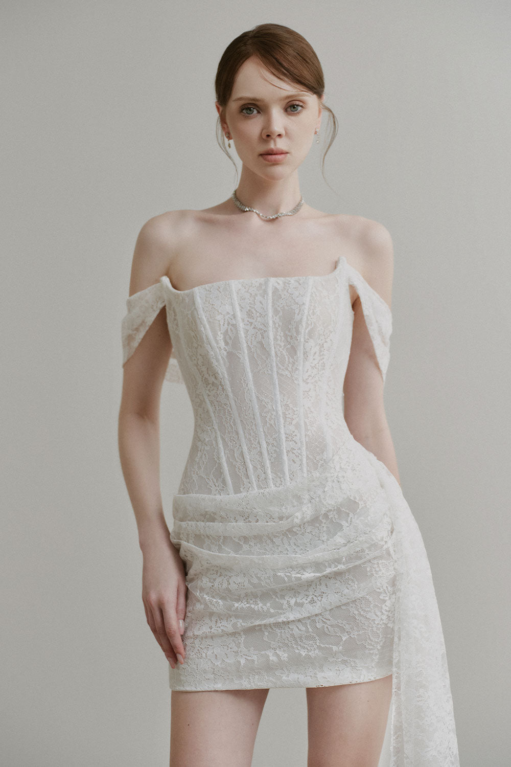Women's Mila A-Line Off-Shoulder Chantilly Lace Mini Dress S/M/L/Customize Off White Mean Blvd Off White / M