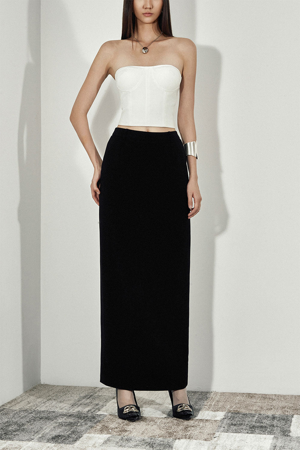 Vespera Straight Back Slit Twill Ankle Length Skirt