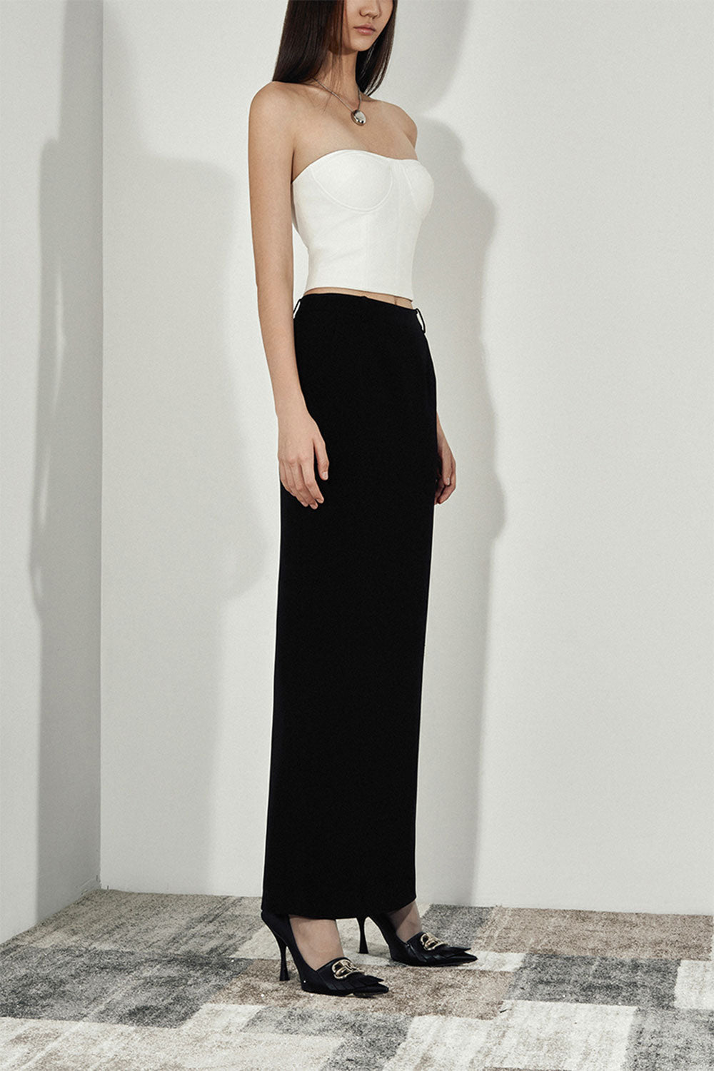 Vespera Straight Back Slit Twill Ankle Length Skirt