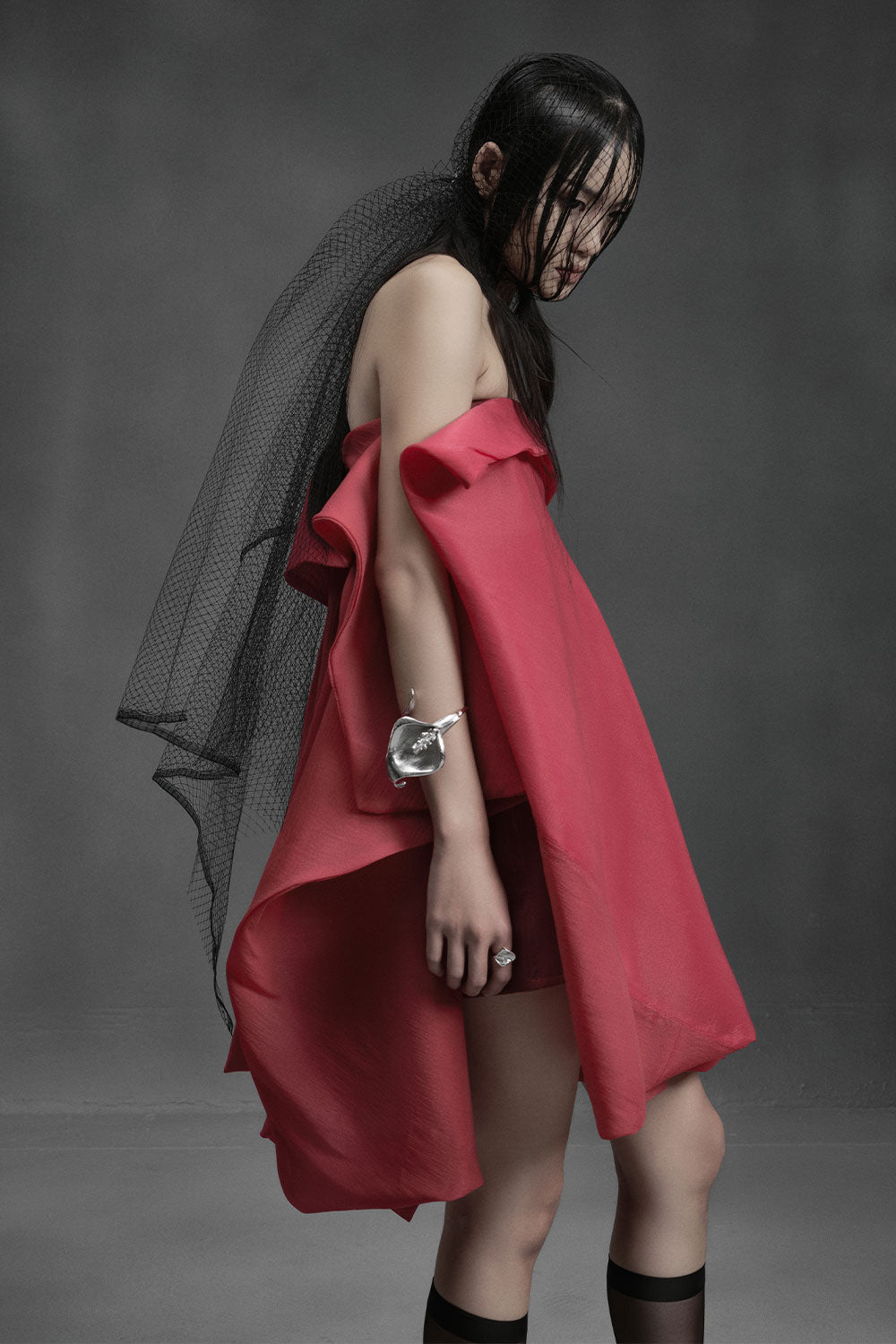 Crab Strapless Asymmetric Chiffon Mini Dress
