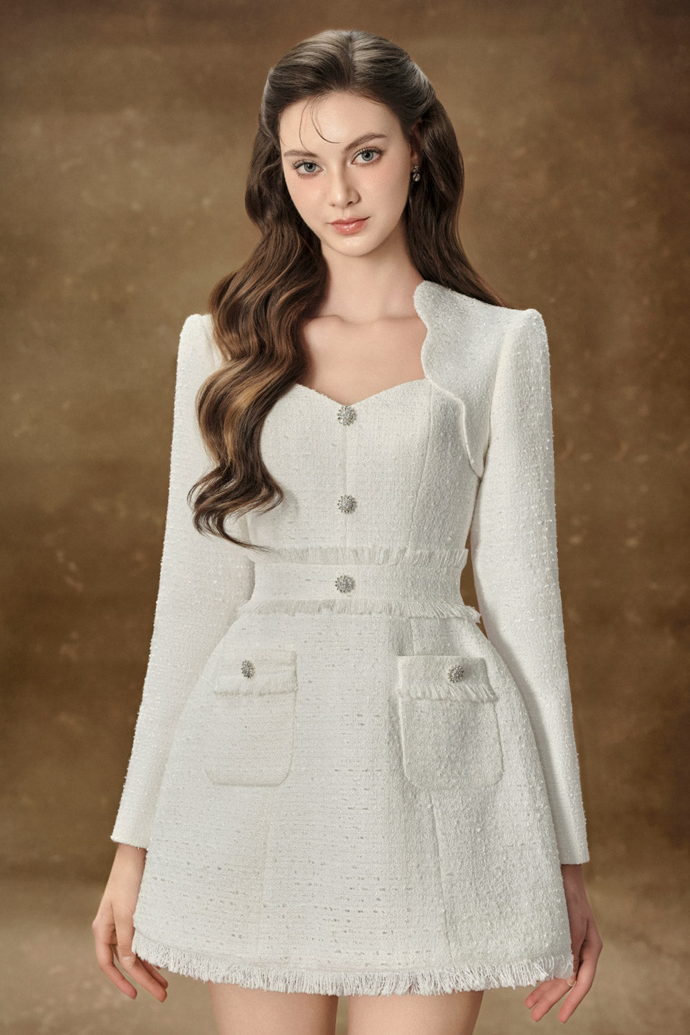 Women's Elysia A-line Patch Pocket Tweed Mini Dress S/M/L/Customize White MEAN BLVD White / M Women's Elysia A-line Patch Pocket Tweed Mini Dress S/M/L/Customize White MEAN BLVD White / M
