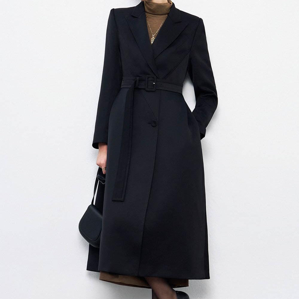 Audrey A-line Notch Lapel Taffeta Calf Length Trench Coat