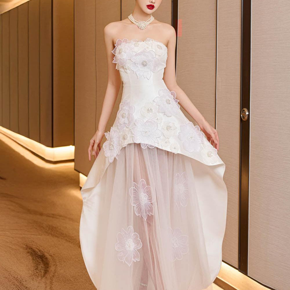 Opulent Layered Straight Across Neck Mesh Taffeta Floor Length Dress