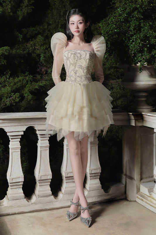 Twinkle A-line Square Neck Mesh Mini Dress