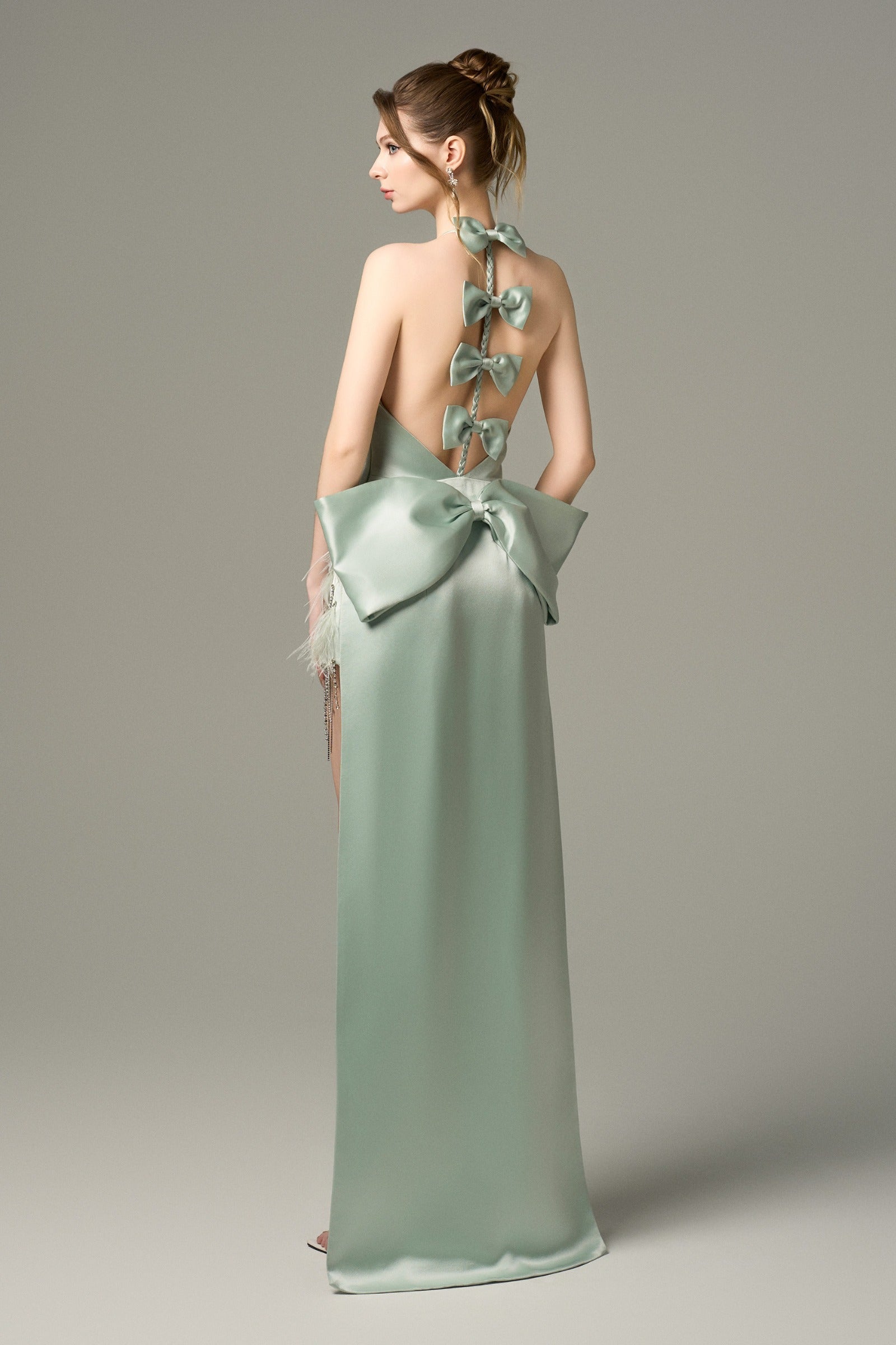 Effortless Halter Silk Crystal-Embellished Mini Dress With Oversized Bow Back