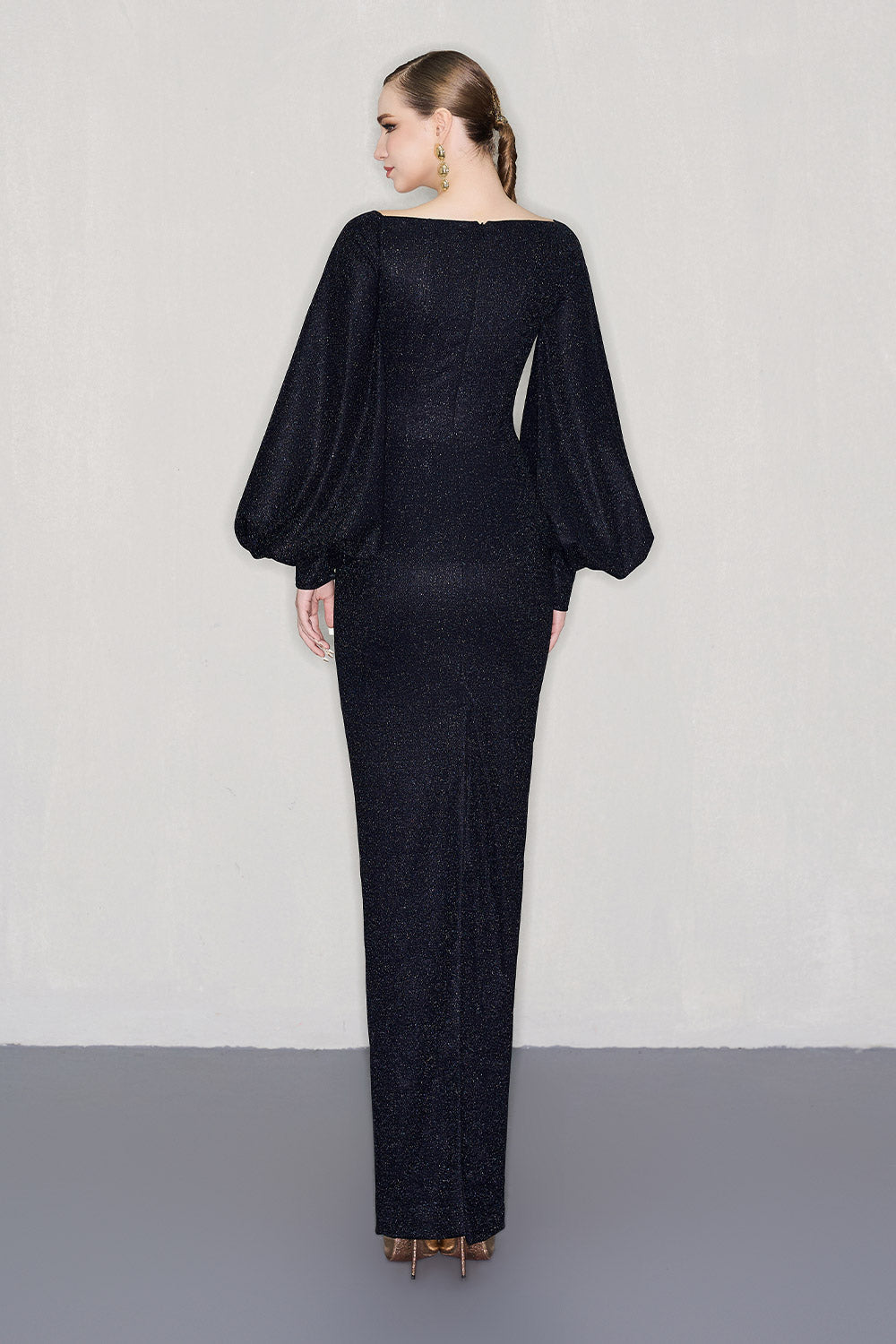 Vega Sheath Puffy Sleeved Spandex Floor Length Dress