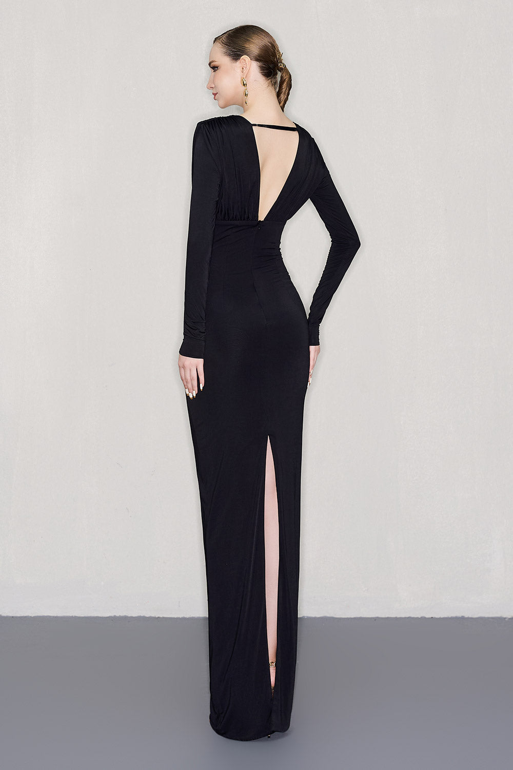 Magana Hourglass Plunge Neck Elastic Spandex Floor Length Dress