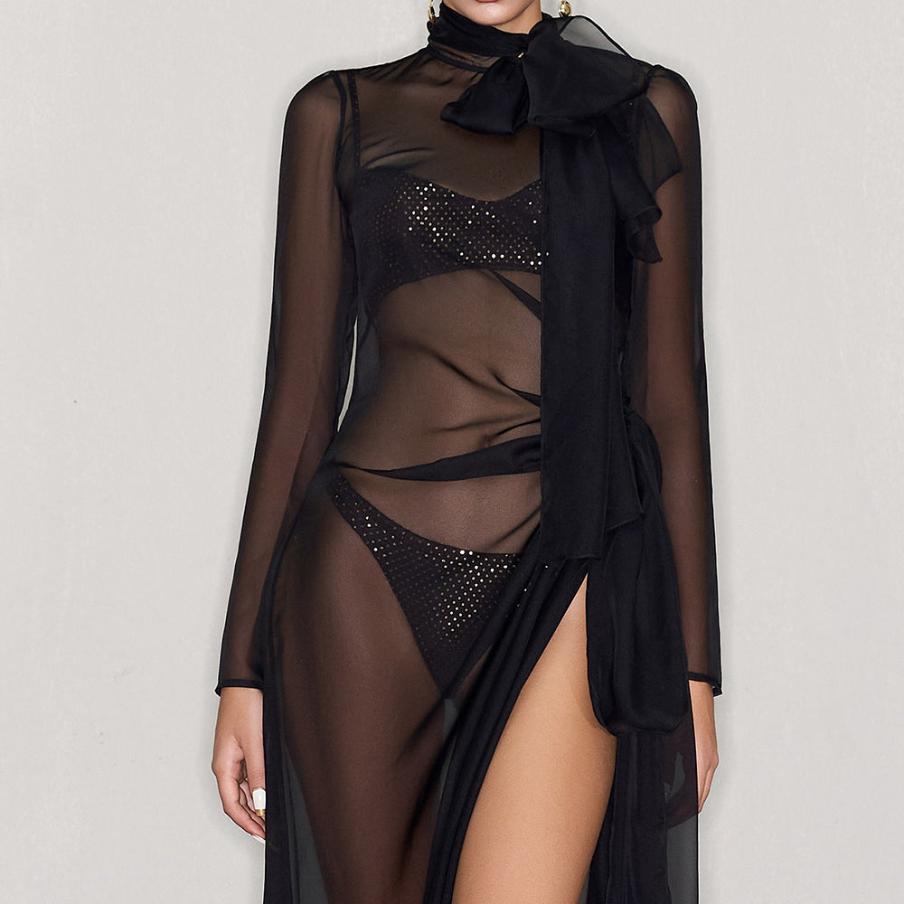 Kemp Slit Tie Neck Organza Voile Floor Length Dress