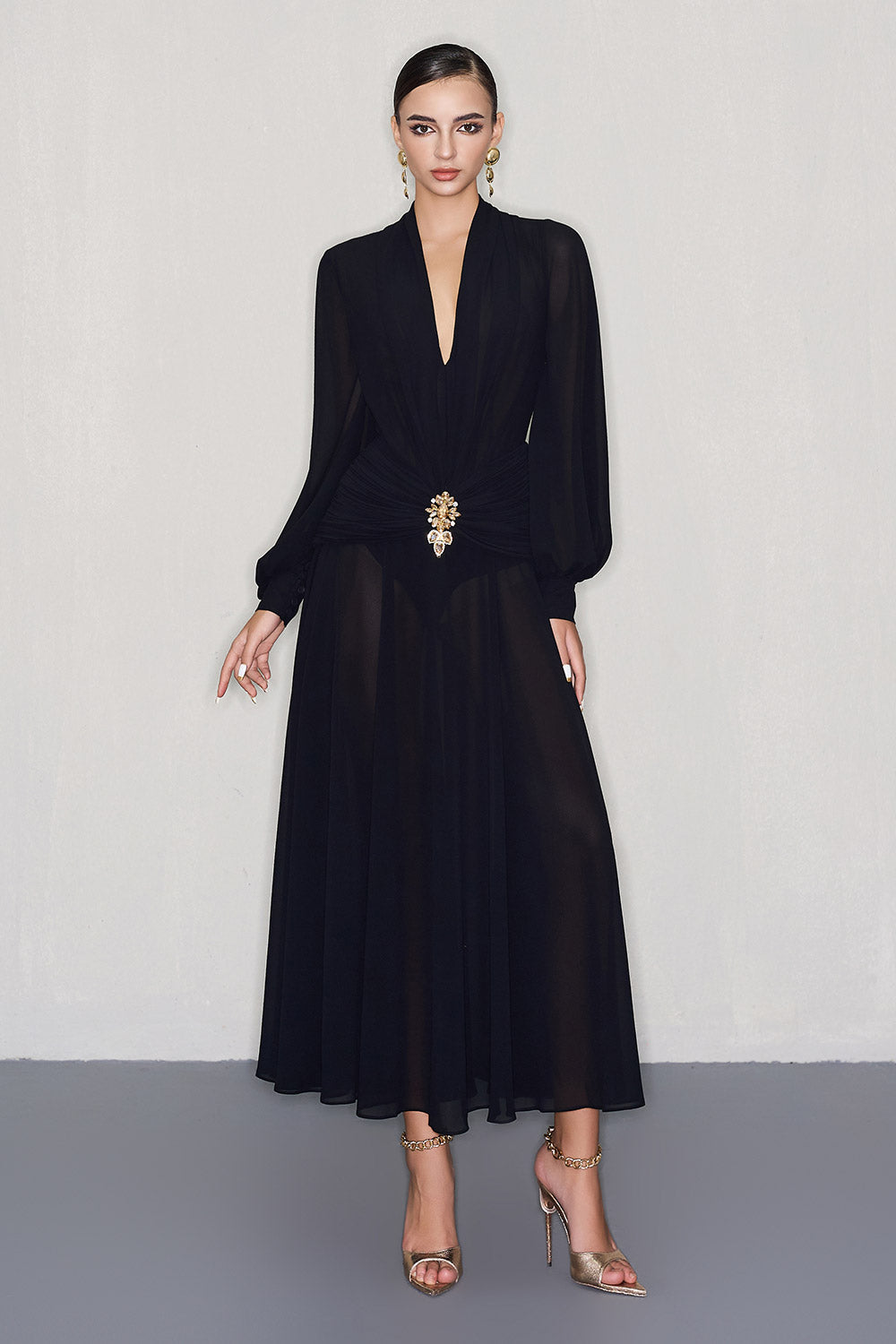 Cairo A-line Bishop Sleeved Chiffon Ankle Length Dress