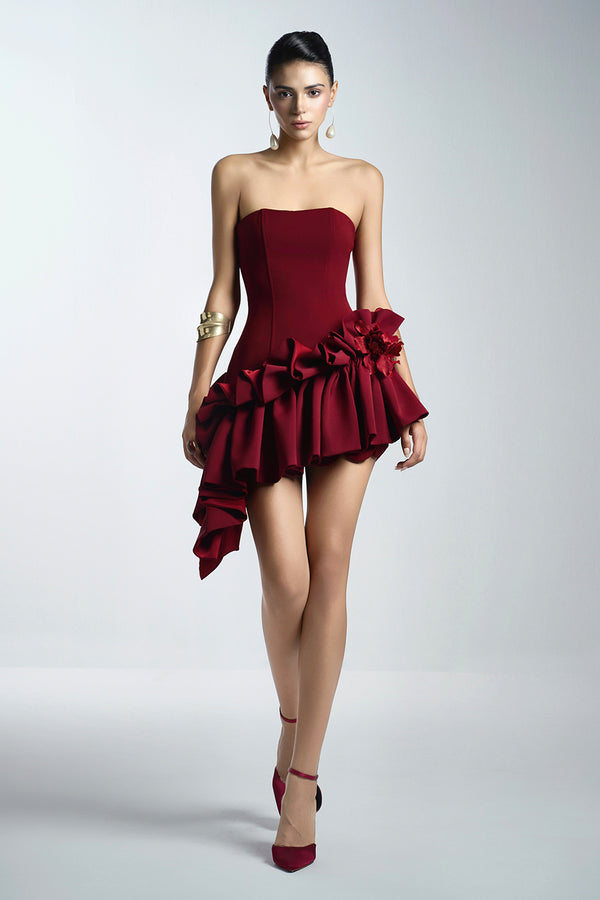 Seaweed Asymmetric Straight Across Neck Twill Mini Dress