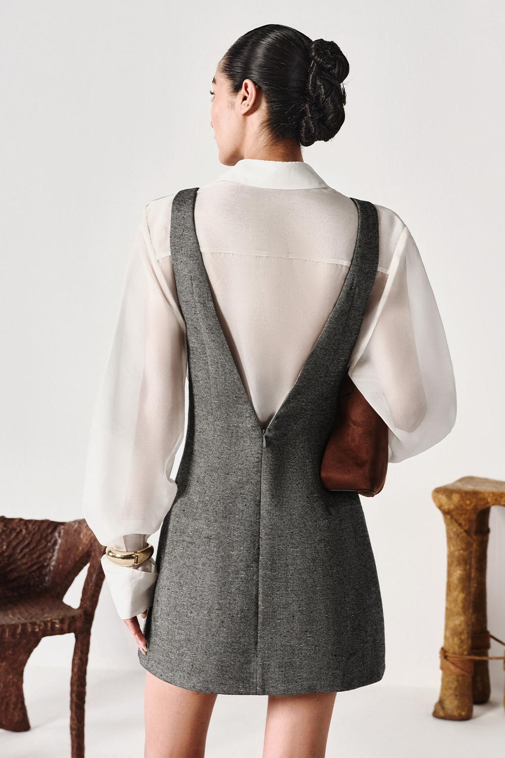 Lucca A-line Plunge Neck Tweed Mini Dress