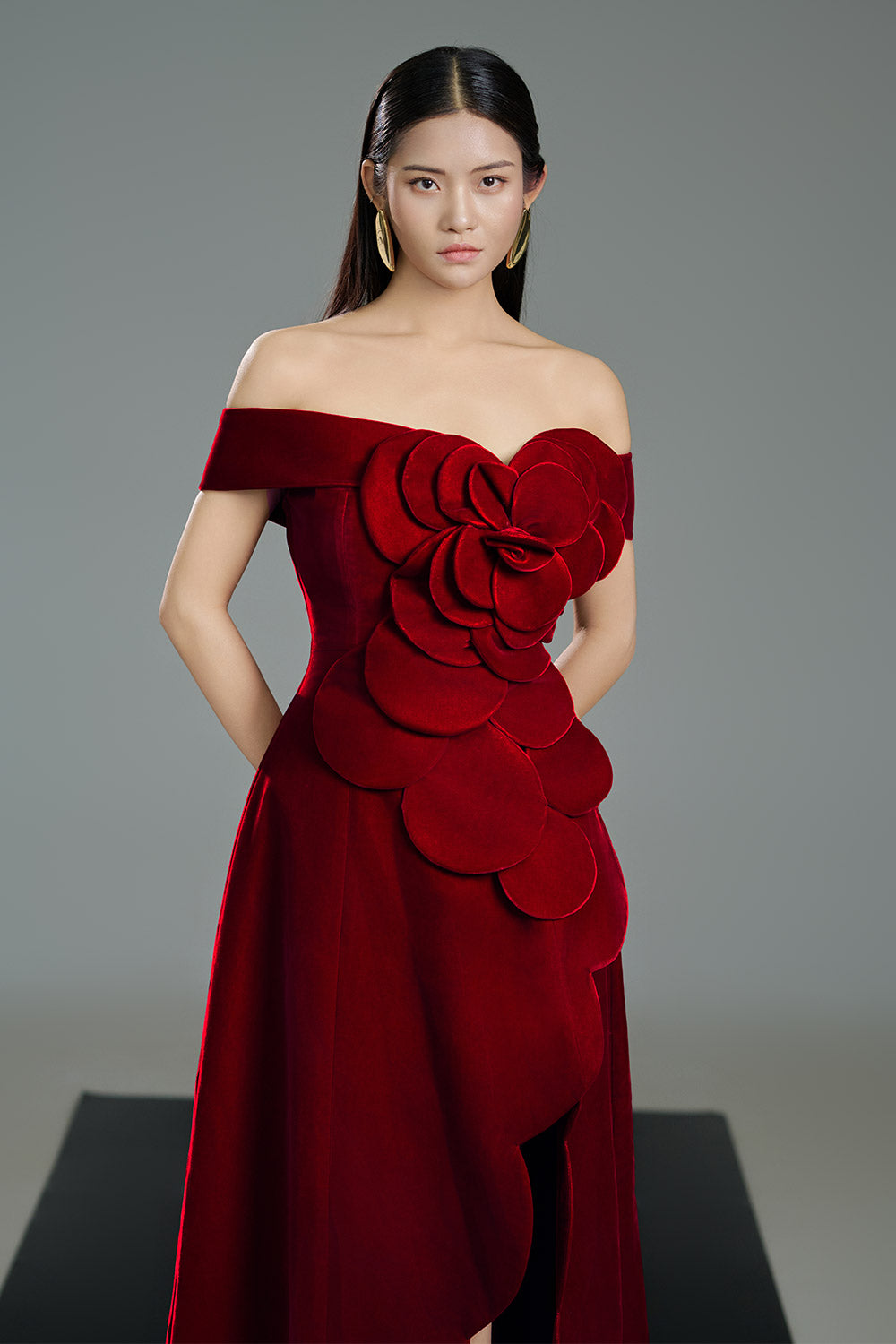 Women's Mitchell A-line Off-Shoulder Polyester Floor Length Dress XXS/XS/S/M/L/XL/XXL/3XL/Customize Red MEAN BLVD Red / S