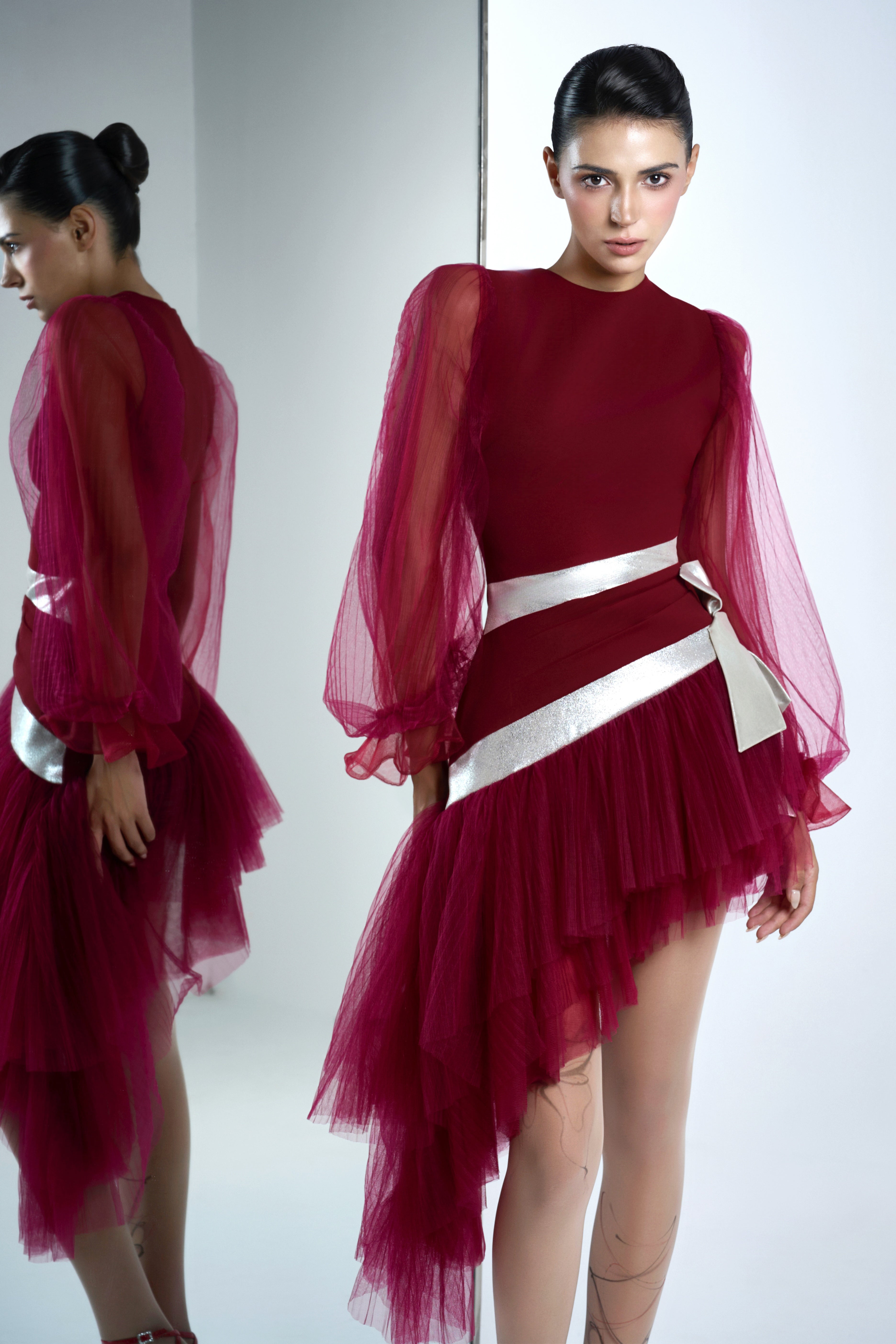 Alia Asymmetric Bishop Sleeved Twill Midi Dress