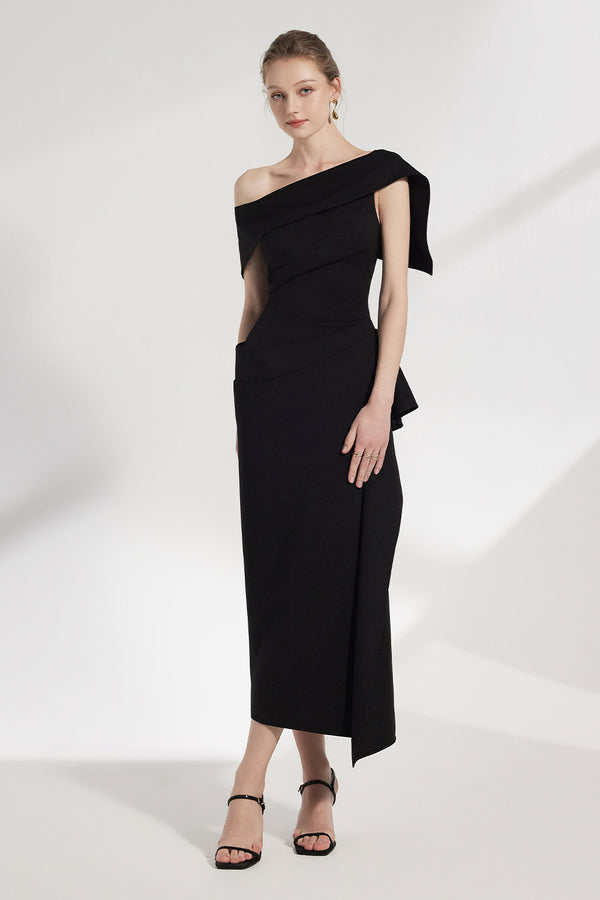 Arene Sheath Diagonal Neck Spandex Midi Dress