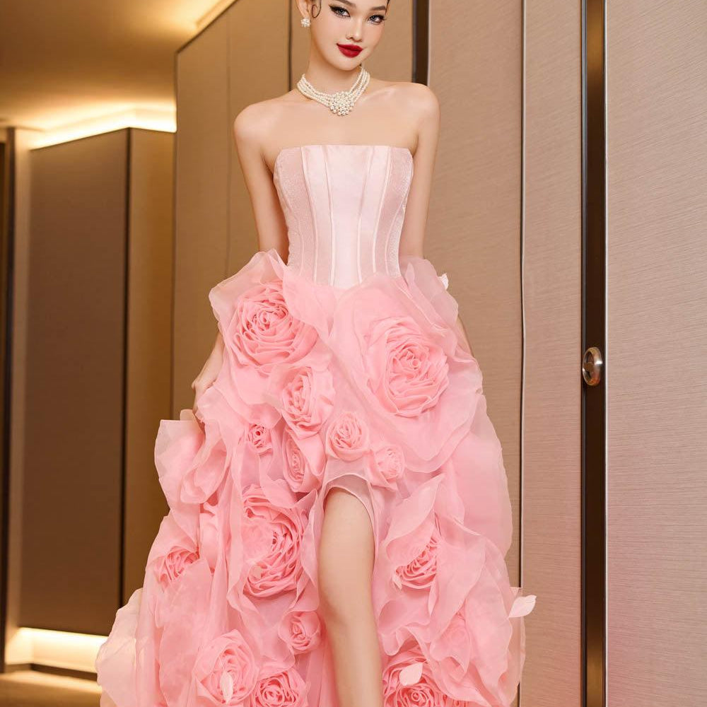 Jubilee of Jewels Slit Floral Mesh Taffeta Floor Length Dress