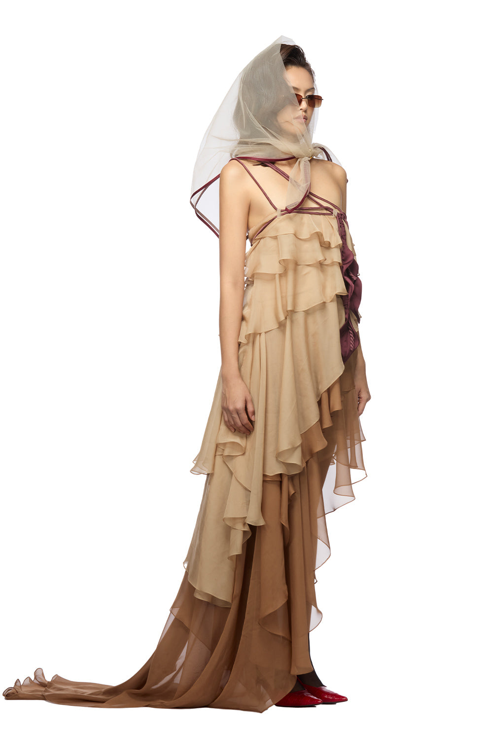 Women's Karina Asymmetric Layered Organza Voile High-low Dress XS/S/M/L/Customize Light Brown MEAN BLVD