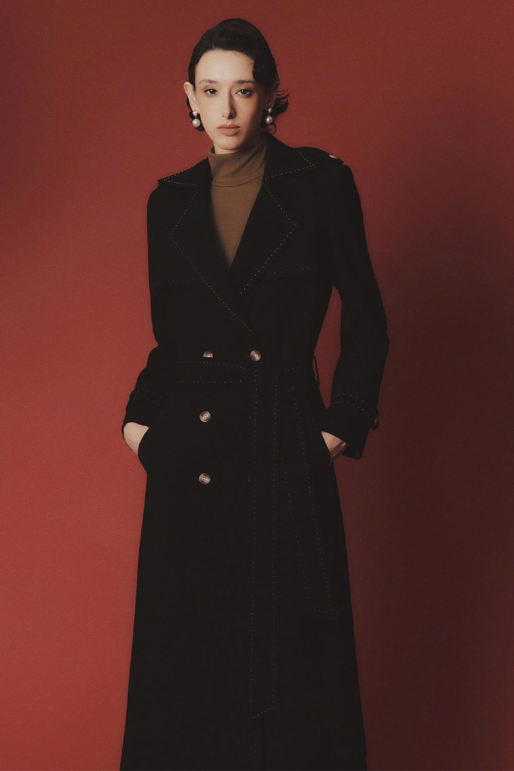 Lana A-line Storm Flap Poly Silk Calf Length Trench Coat