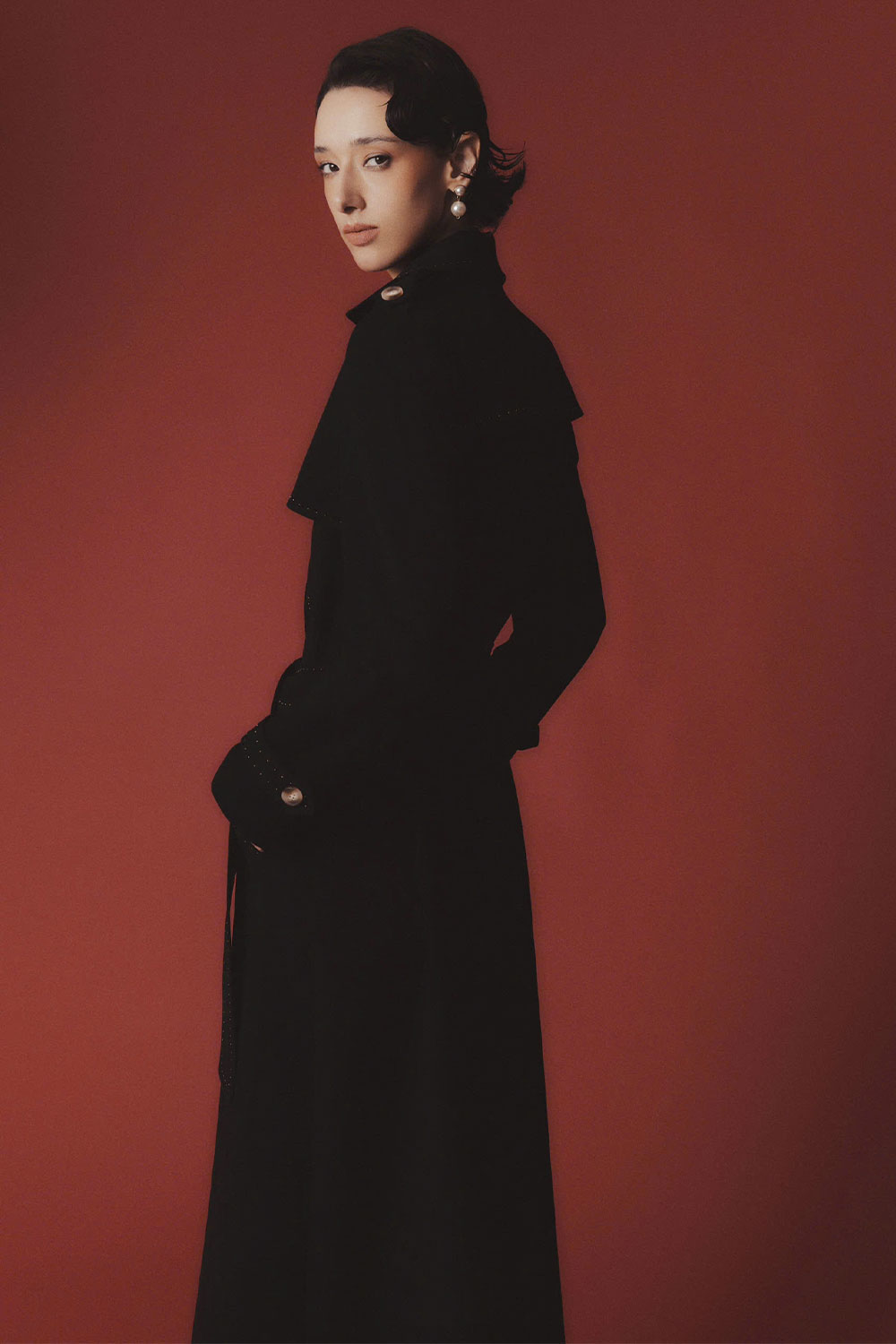 【157,300→35,000円】Drawer_Aラインフードロングコート Women's Lana A-line Storm Flap Poly Silk Calf Length Trench Coat S