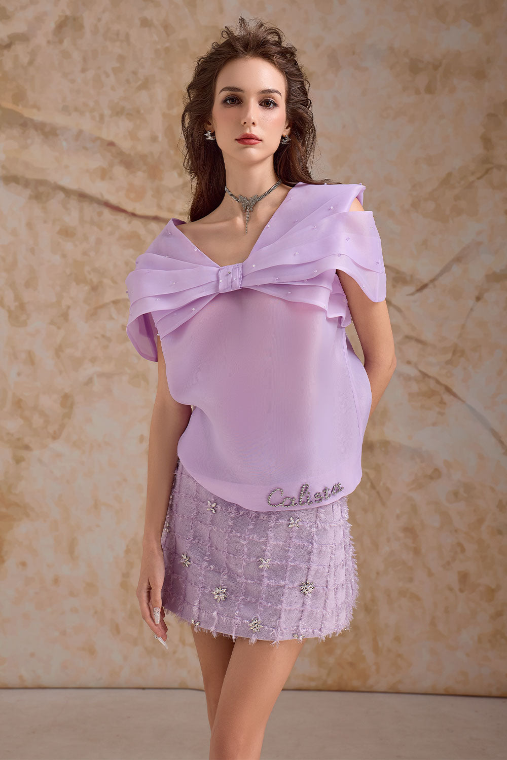 Primelle Straight V-Neck Organza Top