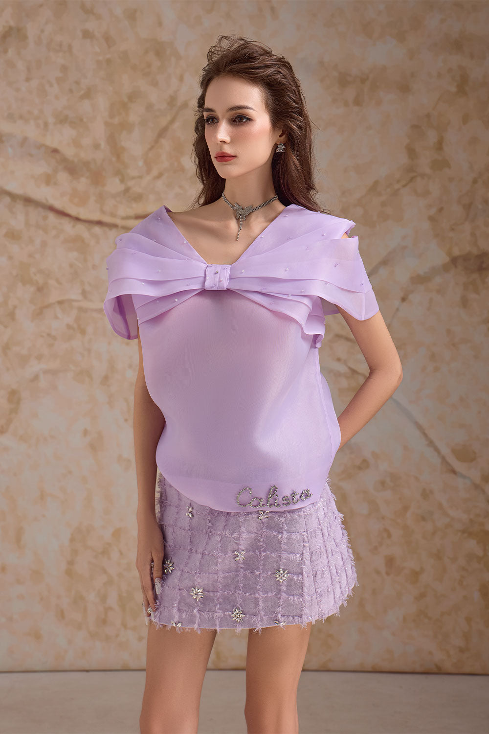 Primelle Straight V-Neck Organza Top